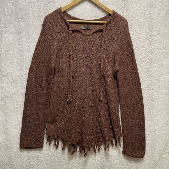 PrAna Sweaters - prAna Shelby Poncho Sweater Large Wool Knit Cable Fringe Boho Brown Red Rust